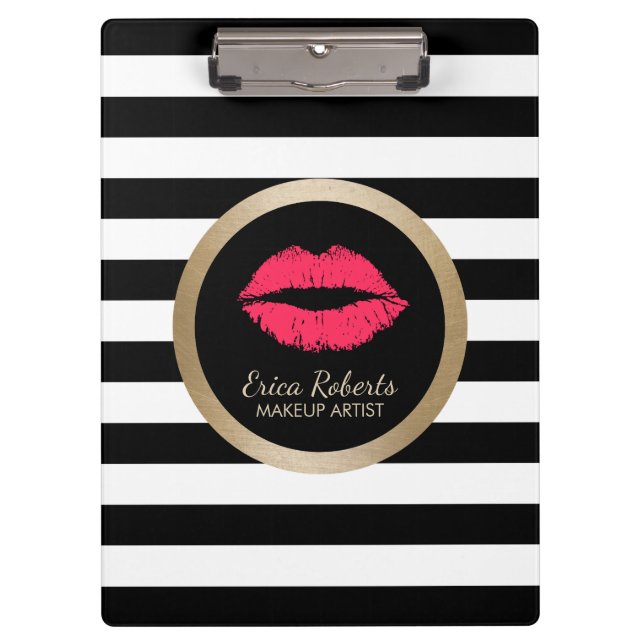 Makeup Artist Red Lips Modern Black White Stripes Clipboard (Front)