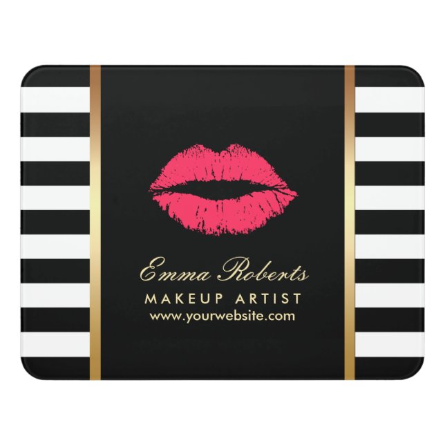 Makeup Artist Red Lips Modern Black White Stripes Door Sign (Contemporary Front)