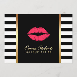 Makeup Artist Red Lips Modern Black White Stripes Invitation