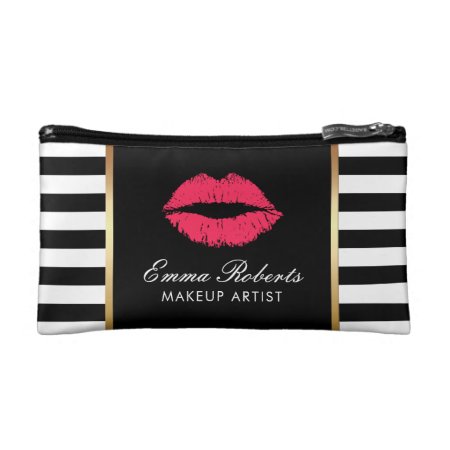 Makeup Artist Red Lips Modern Black White Stripes Makeup Bag