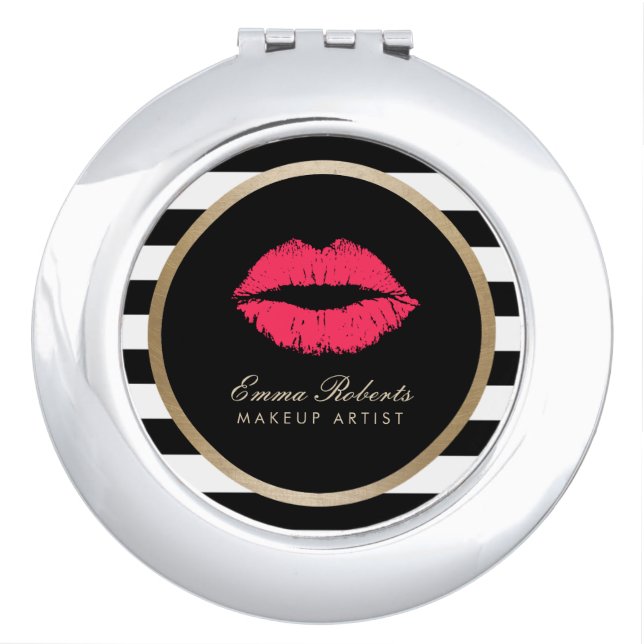 Makeup Artist Red Lips Modern Black White Stripes Mirror For Makeup (Front)