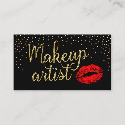 Makeup Artist Red Lips Modern Gold 3D Script Business Card