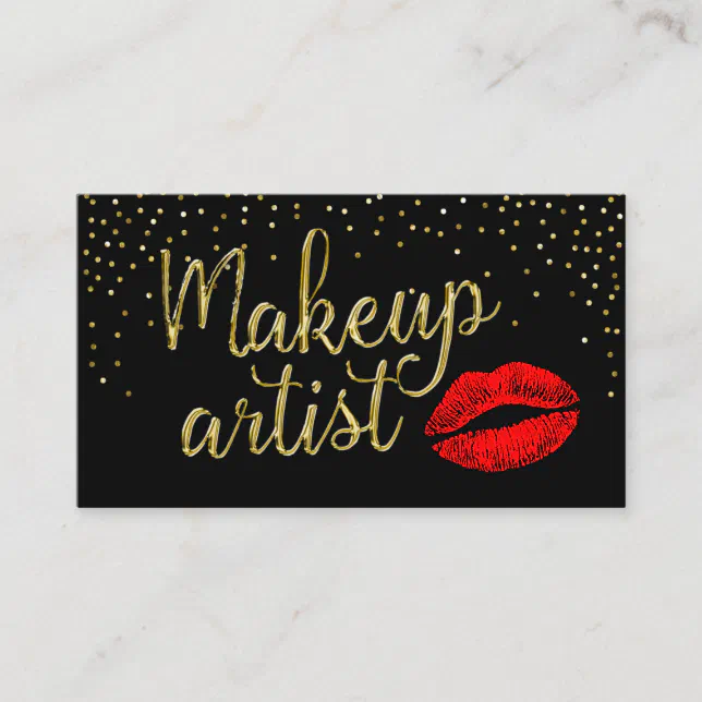 Makeup Artist Red Lips Modern Gold 3D Script Business Card | Zazzle