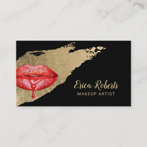 Makeup Artist Red Lips Modern Gold Brush Stroke Business Card