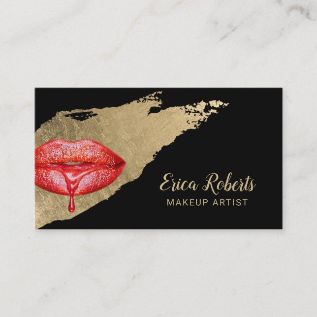 Makeup Artist Red Lips Modern Gold Brush Stroke Business Card (Front)