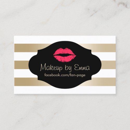 Makeup Artist Red Lips Modern Gold Stripes Business Card