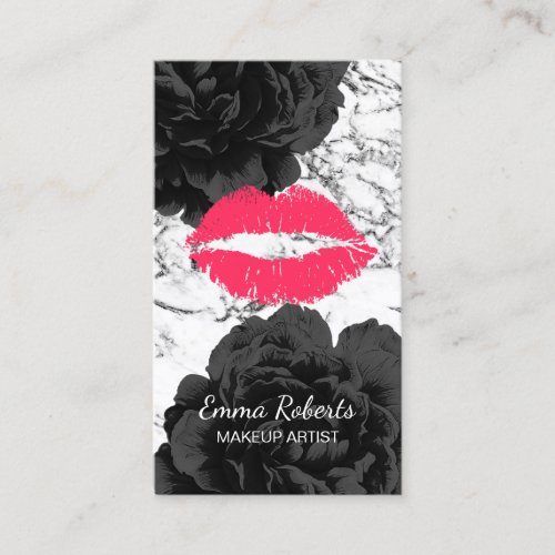 Makeup Artist Red Lips Modern Marble Black Floral Business Card