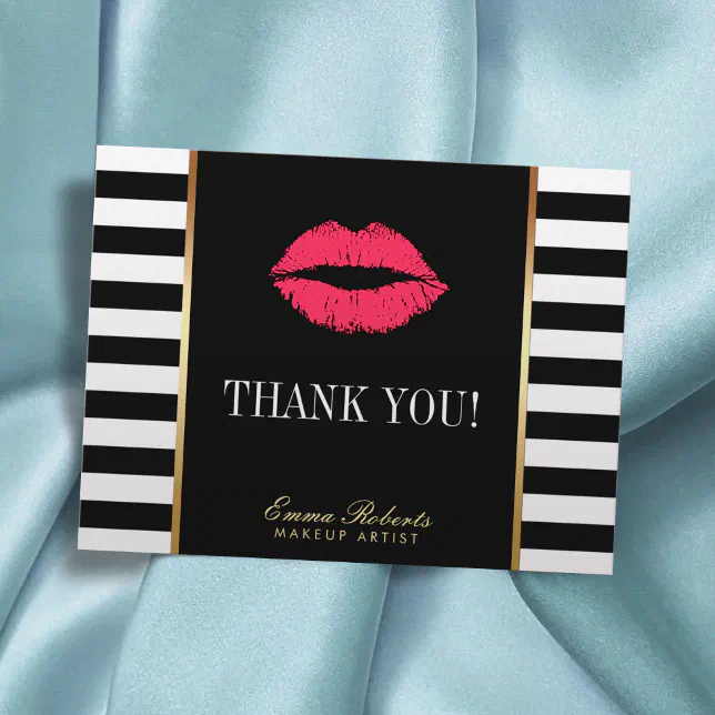 Makeup Artist Red Lips Modern Stripes Thank You Postcard Zazzle