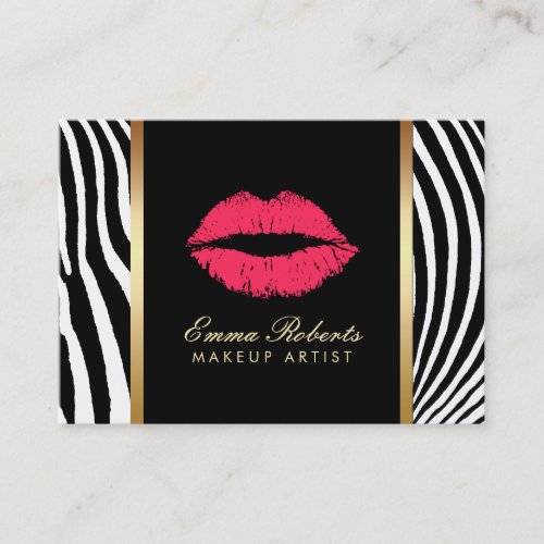 Makeup Artist Red Lips Modern Zebra Stripes Business Card