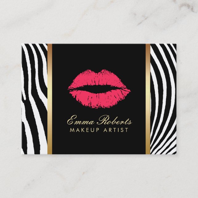 Makeup Artist Red Lips Modern Zebra Stripes Business Card (Front)