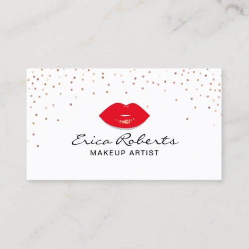 Makeup Artist Red Lips Rose Gold Confetti Beauty Business Card