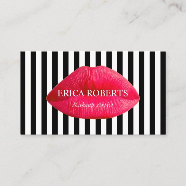 Makeup Artist Red Lips Salon Modern Stripes Business Card (Front)