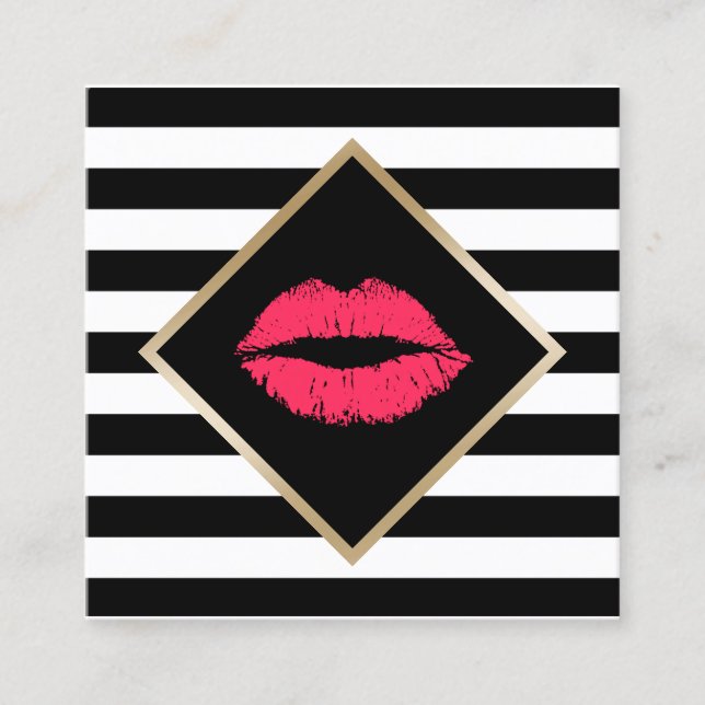 Makeup Artist Red Lips Salon Modern Stripes Unique Square Business Card (Front)
