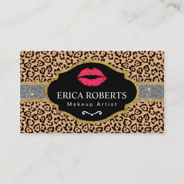 Makeup Artist Red Lips Silver Belt Modern Leopard Business Card (Front)