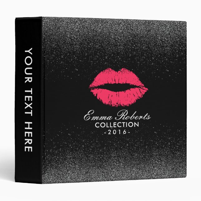 Makeup Artist Red Lips Trendy Black Glitter Salon 3 Ring Binder (Front/Spine)