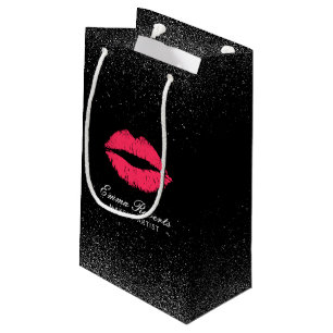 Makeup Artist Red Lips Trendy Black Glitter Salon Small Gift Bag