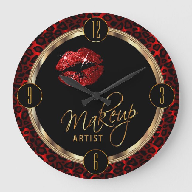 Makeup Artist Red Lips with Leopard Print Large Clock (Front)