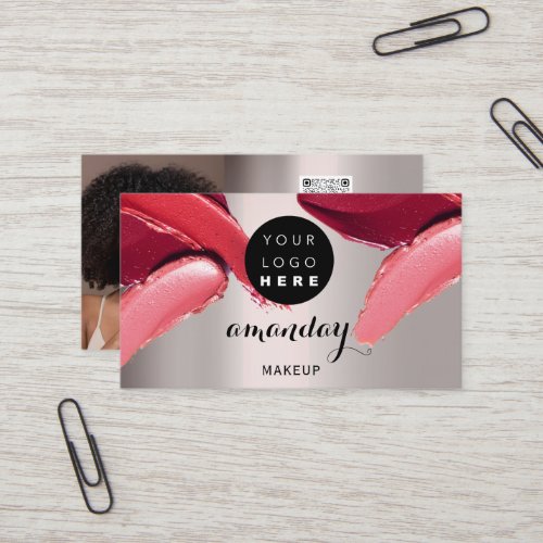 Makeup Artist Red Lipstick Photo QR Code Gray Business Card