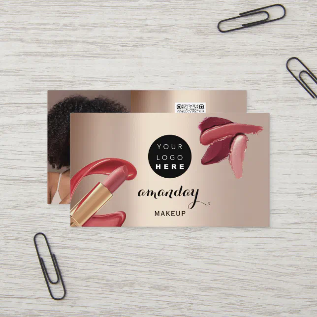 Makeup Artist Red Lipstick Rose Gold Photo QR Code Business Card | Zazzle