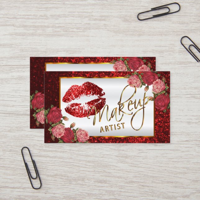 Makeup Artist - Red Rose Glitter Lip Design Business Card (Front/Back In Situ)