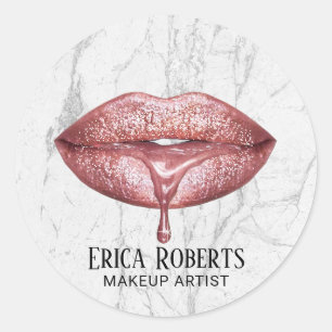 Makeup Artist Rose Gold Drip Lips White Marble Classic Round Sticker