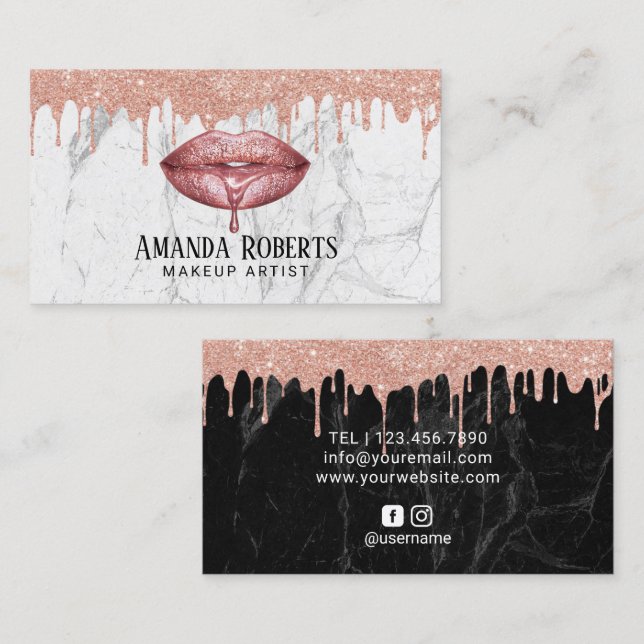 Makeup Artist Rose Gold Dripping Lips Chic Marble Business Card (Front/Back)