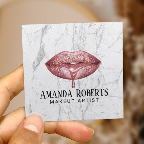 Makeup Artist Rose Gold Dripping Lips Marble Square Business Card