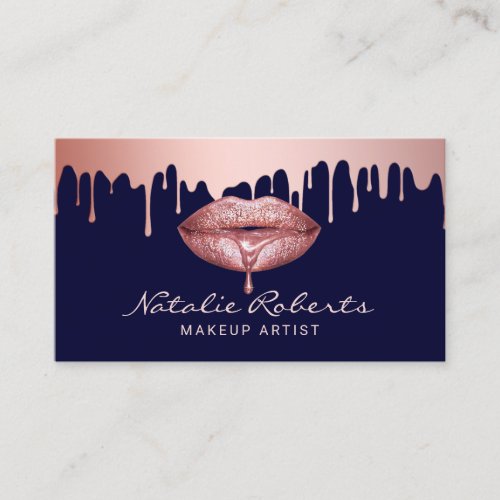 Makeup Artist Rose Gold Dripping Lips Navy Salon Business Card