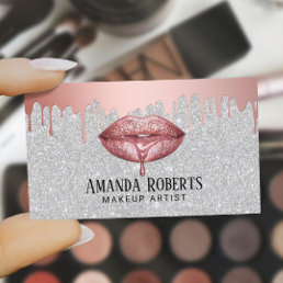 Makeup Artist Rose Gold Dripping Lips Silver Business Card