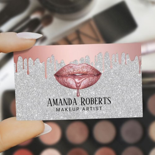 Makeup Artist Rose Gold Dripping Lips Silver Business Card