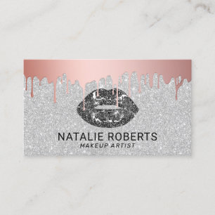Makeup Artist Rose Gold Drips Black Lips Silver Business Card