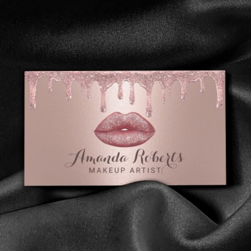 Customizable Makeup Artist Rose Gold Drips Glam Lips Salon Business Card