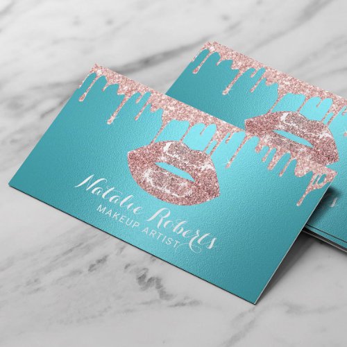 Makeup Artist Rose Gold Drips Lips Turquoise Salon Business Card