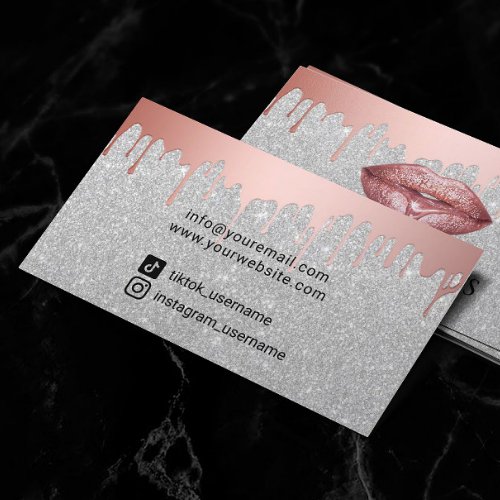 Makeup Artist Rose Gold Drips Lipstick Silver Business Card
