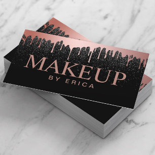 Makeup Artist Rose Gold Drips Trendy Black Glitter Business Card