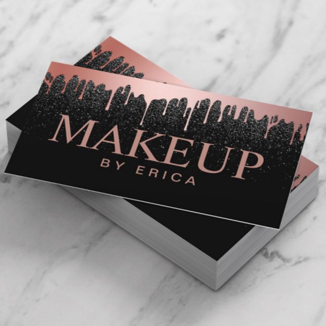 Makeup Artist Rose Gold Drips Trendy Black Glitter Business Card (Creator Uploaded)