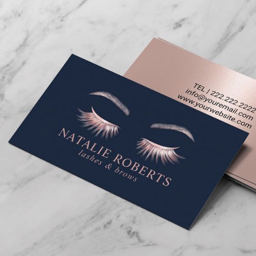 Makeup Artist Rose Gold Eyelash Beauty Salon Navy Business Card