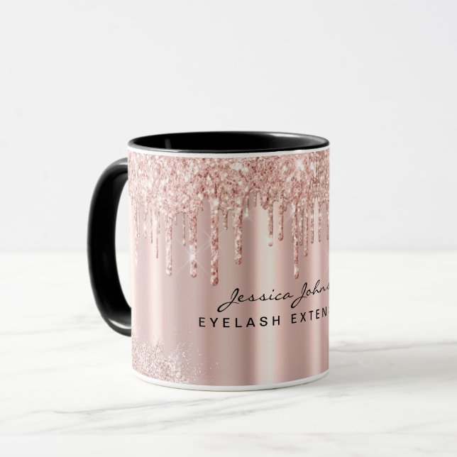 Makeup Artist Rose Gold Glitter Drips Custom Mug (Front Left)