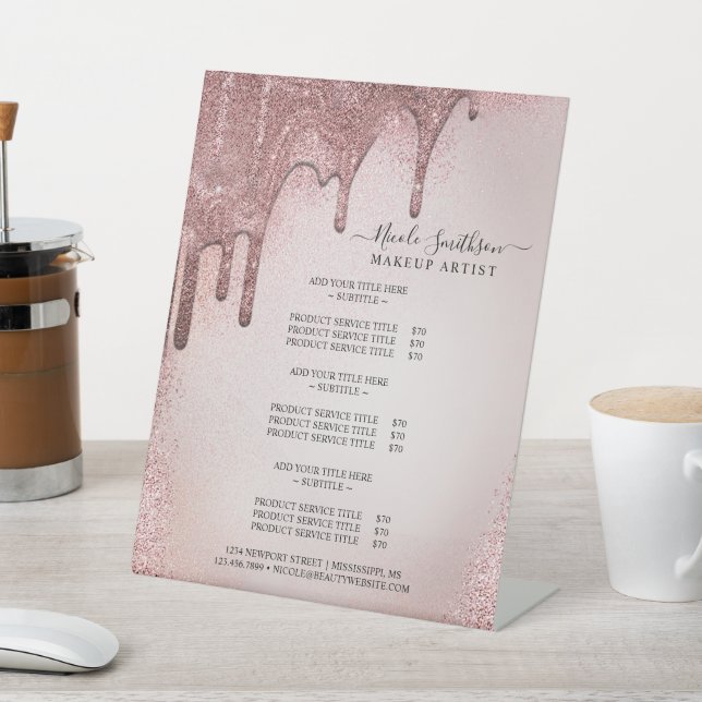 Makeup Artist Rose Gold Glitter Glam Service List  Pedestal Sign (In SItu)