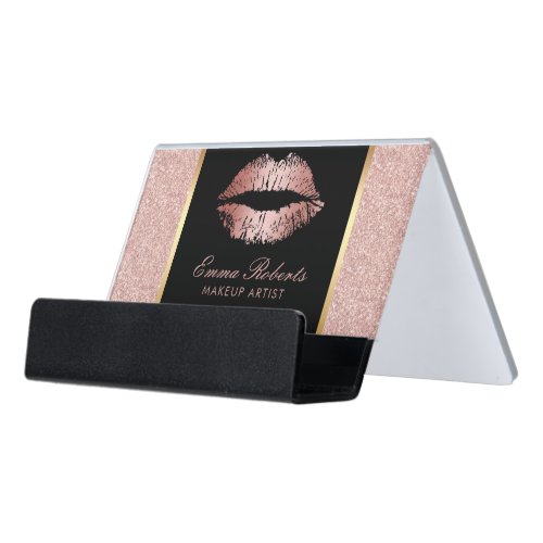 Makeup Artist Rose Gold Glitter Lips Beauty Salon Desk Business Card Holder