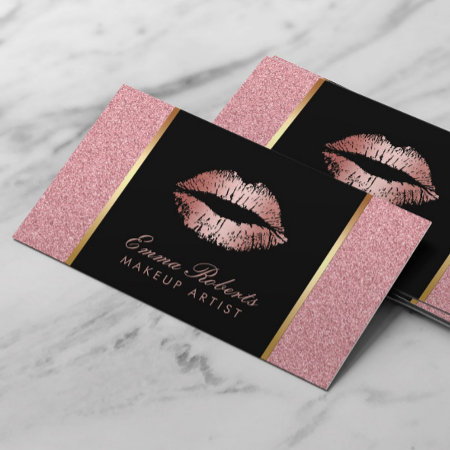 Makeup Artist Rose Gold Glitter Lips Modern Salon Business Card
