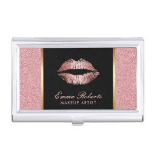 Makeup Artist Rose Gold Glitter Lips Modern Salon Business Card Holder