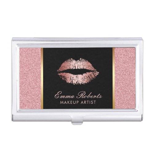 Makeup Artist Rose Gold Glitter Lips Modern Salon Business Card Holder