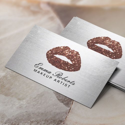 Makeup Artist Rose Gold Glitter Lips Modern Silver Business Card