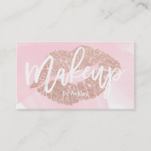 Makeup artist rose gold glitter lips pink script business card