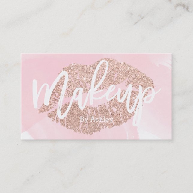 Makeup artist rose gold glitter lips pink script business card (Front)