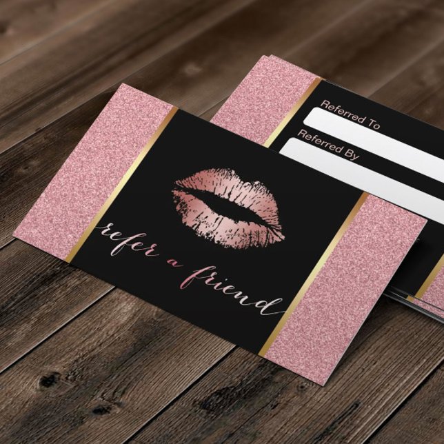Makeup Artist Rose Gold Glitter Lips Referral Card (Creator Uploaded)