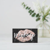 Makeup artist rose gold glitter lips script marble business card (Standing Front)