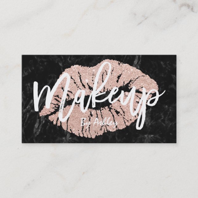 Makeup artist rose gold glitter lips script marble business card (Front)