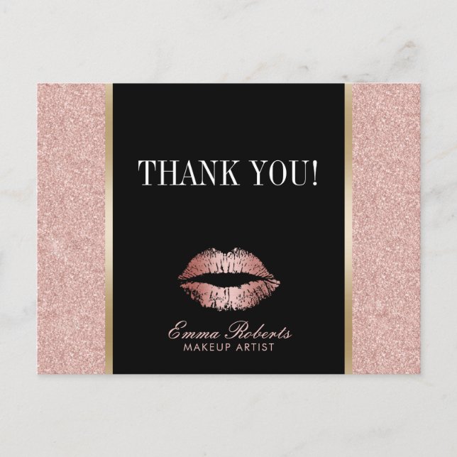 Makeup Artist Rose Gold Glitter Lips Thank You Postcard (Front)